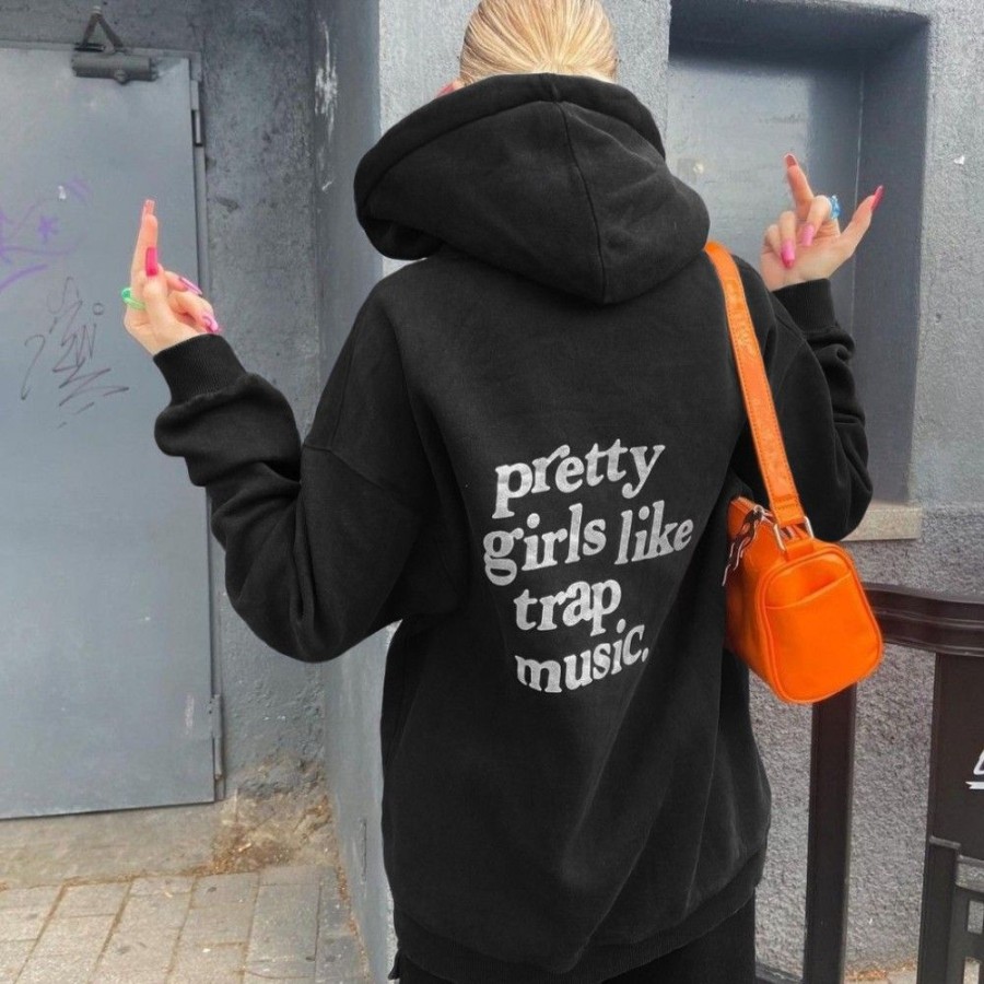 Women'S Favoshape | Women'S Chic Pretty Girls Like Trap Music Printed Hoodie Black