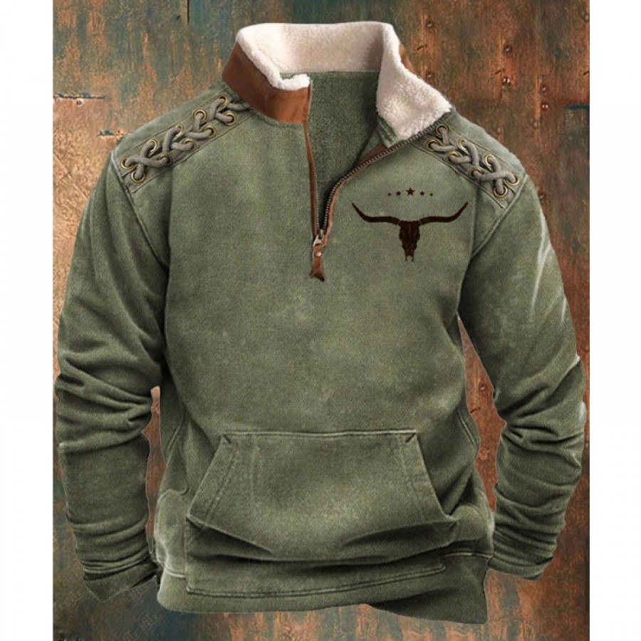 Men'S Favoshape | Men'S Vintage Yellowstone Buckle Strap Bullhead Sweatshirt Green