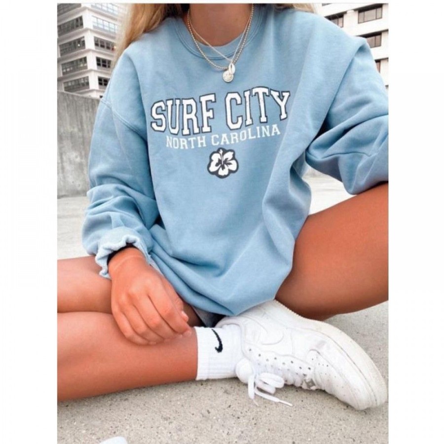 Women'S Favoshape | Women'S Preppy Surf City North Carolina Crewneck Sweatshirt Blue