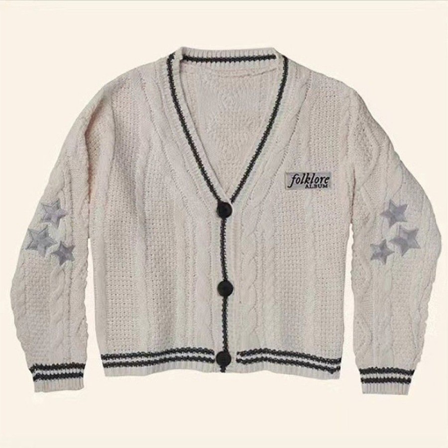 Women'S Favoshape | Taylor'S Folklore Inspired Star Embroidered Cardigan White