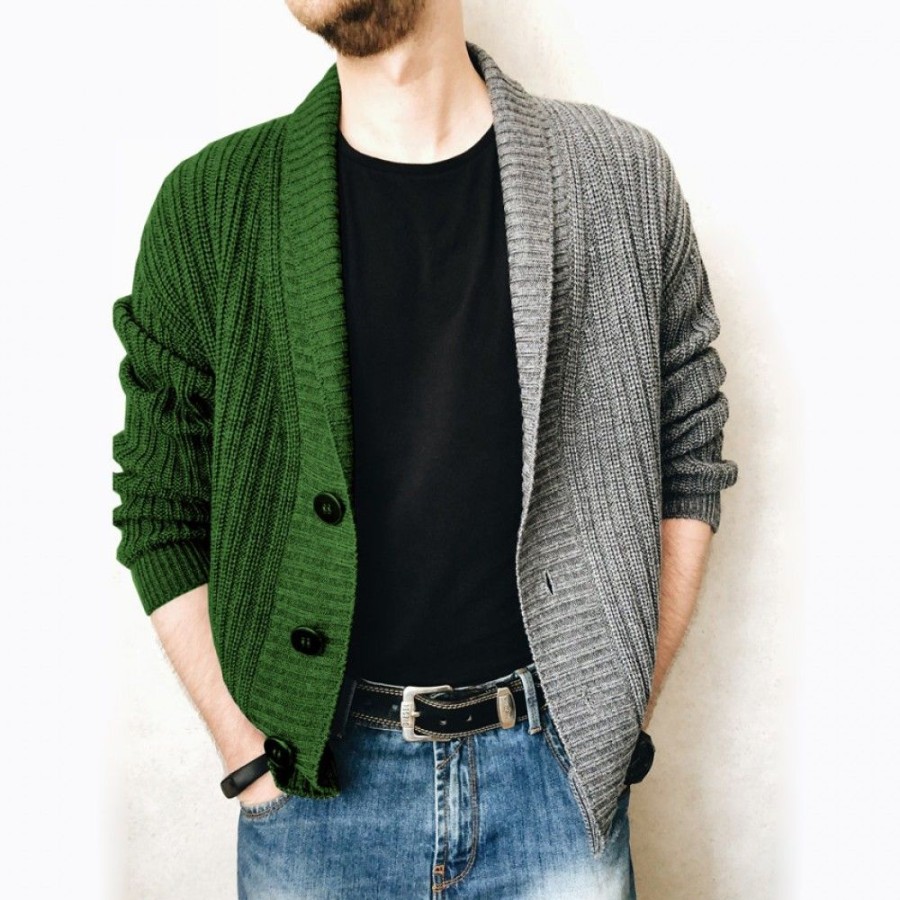 Men'S Favoshape | Men'S Classic Two-Tone Cable Knitted Button-Up Lapel Cardigan