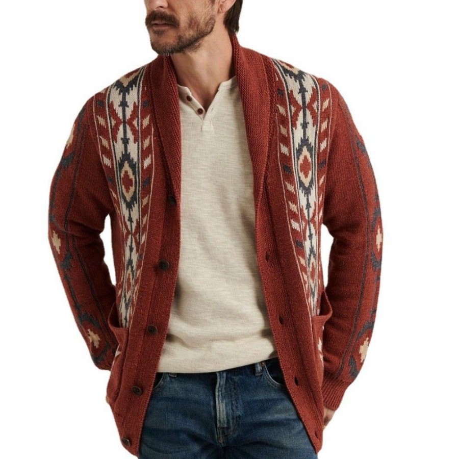 Men'S Favoshape | Men'S Washed Southwestern Jacquad Shawl Collar Knitted Cardigan Red