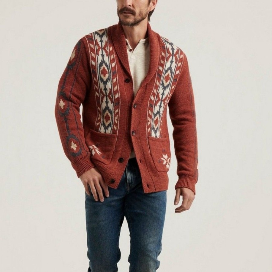 Men'S Favoshape | Men'S Washed Southwestern Jacquad Shawl Collar Knitted Cardigan Red