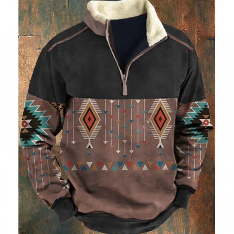 Men'S Favoshape | Men'S Aztec Pattern Cowboy Stand Collar Sweatshirt Black