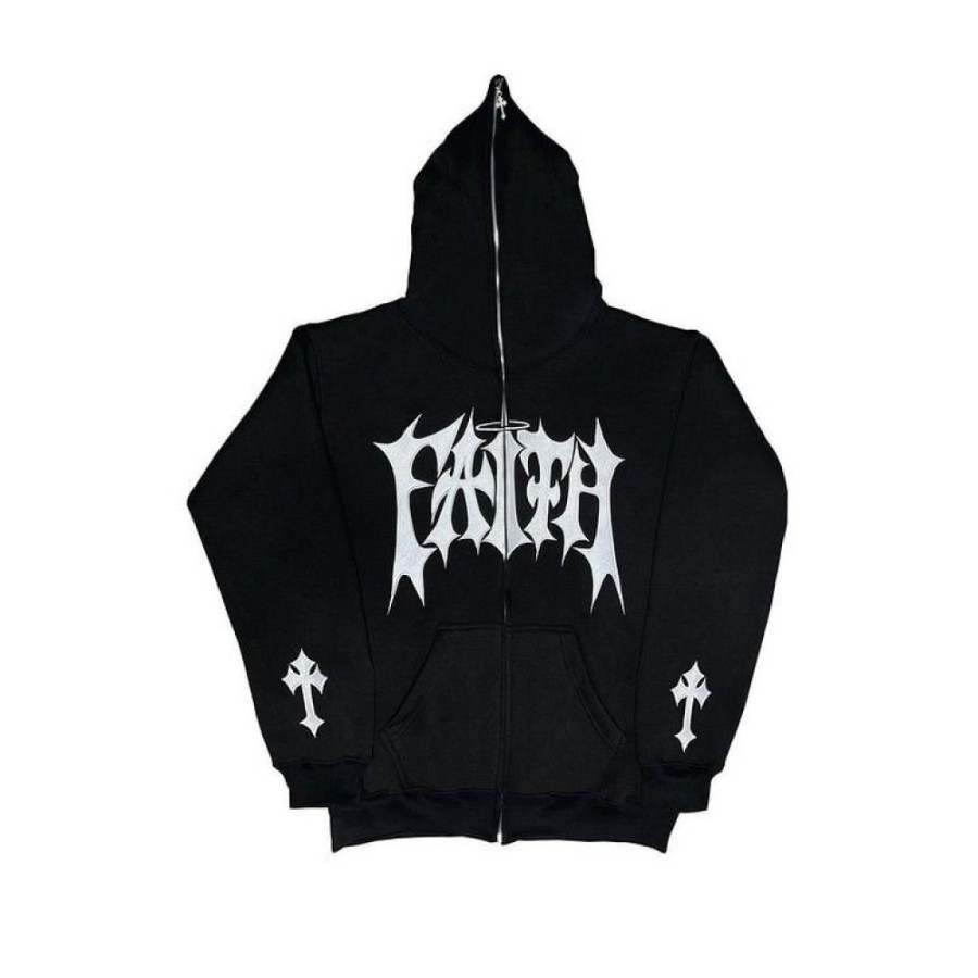 Men'S Favoshape | Hip Hop Cross Faith Full Zip Up Hoodie Jacket