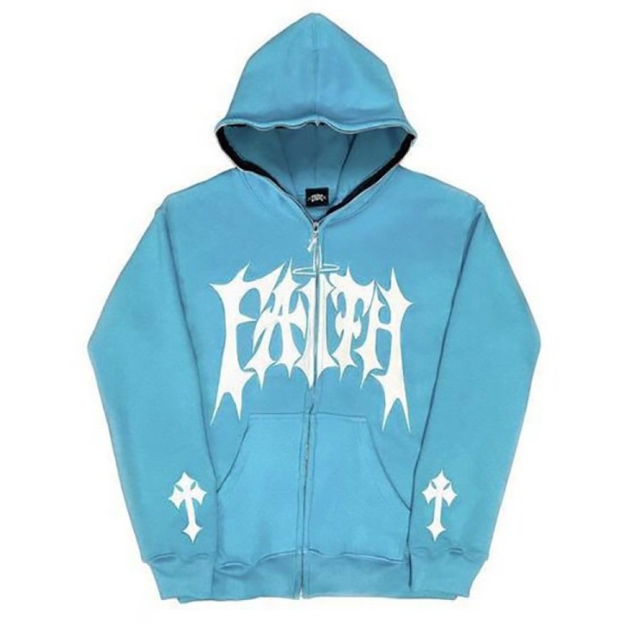 Men'S Favoshape | Hip Hop Cross Faith Full Zip Up Hoodie Jacket