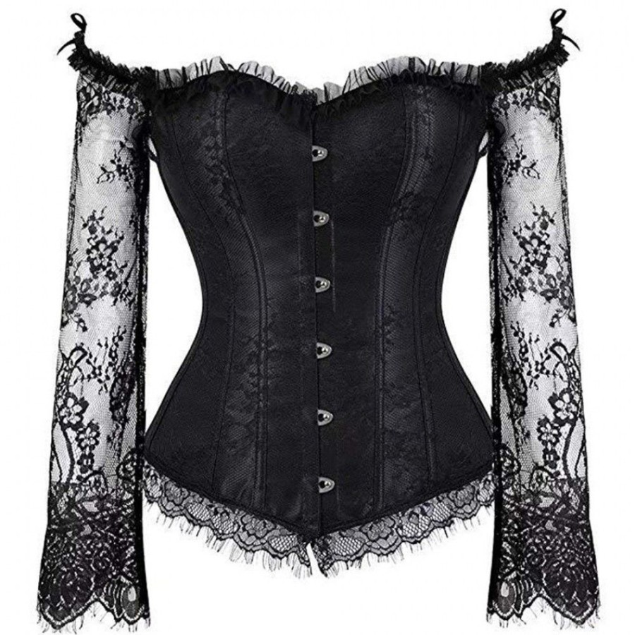 Corsets Favoshape | Women Vintage Gothic Jacquard Overbust Bustier Lace Up Boned Long Sleeve Corsets Top