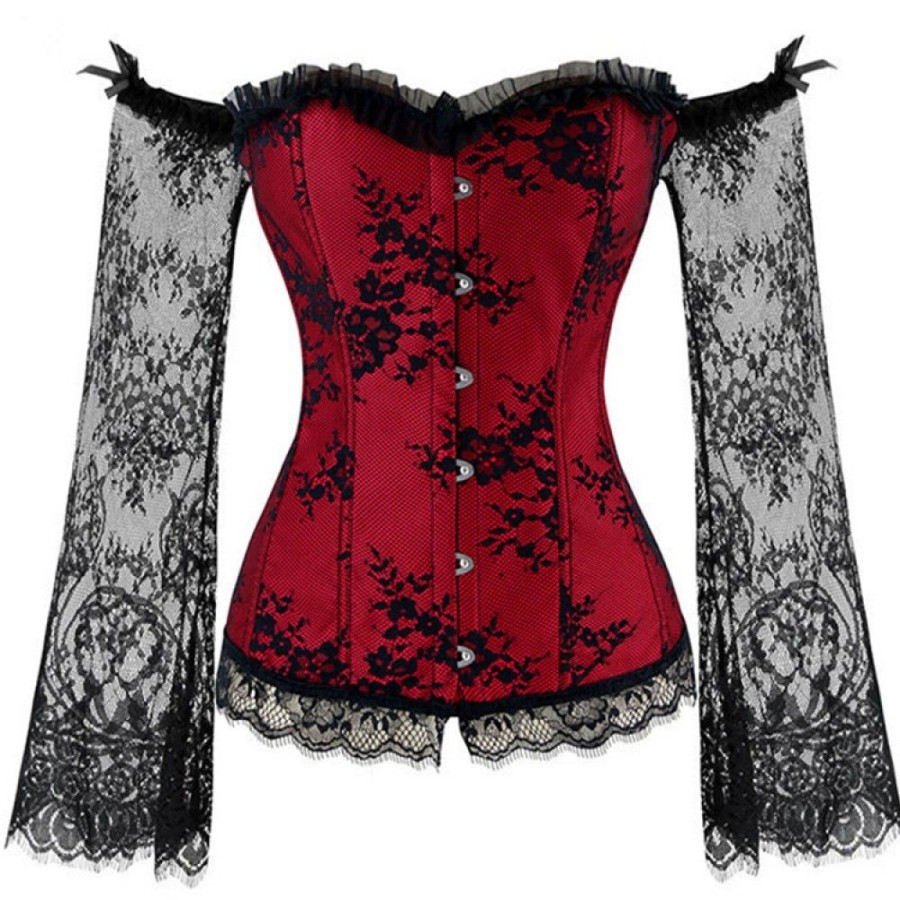 Corsets Favoshape | Women Vintage Gothic Jacquard Overbust Bustier Lace Up Boned Long Sleeve Corsets Top