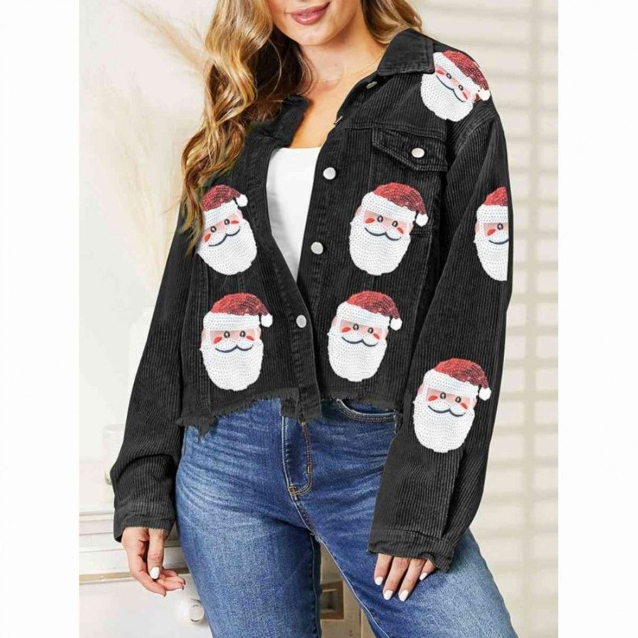 Women'S Favoshape | Women'S Cute Santa Head Sequins Crop Jacket