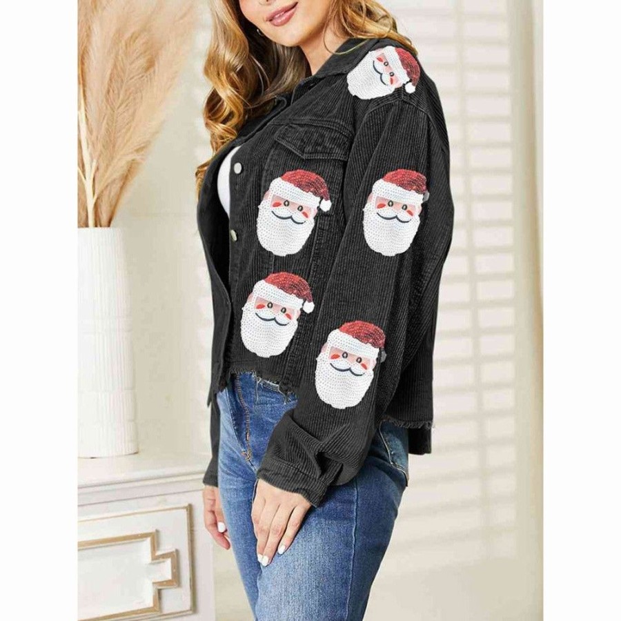 Women'S Favoshape | Women'S Cute Santa Head Sequins Crop Jacket