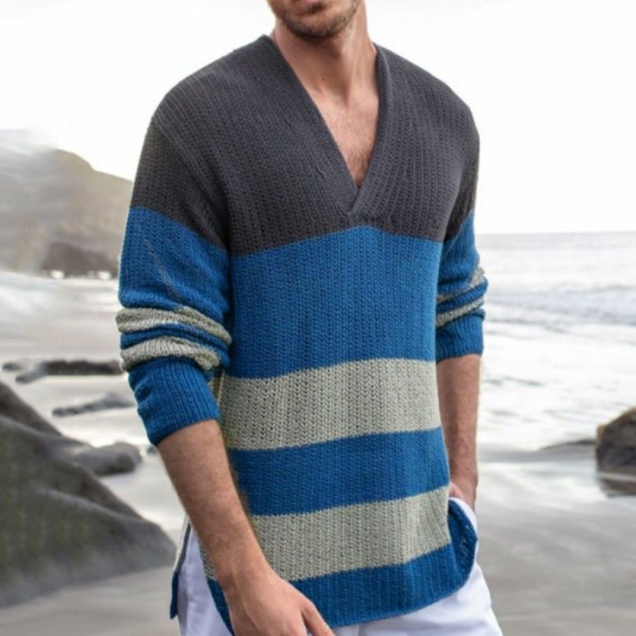 Men'S Favoshape | Men'S Colorblocked Striped V-Neck Knitted Pullover Sweater Blue