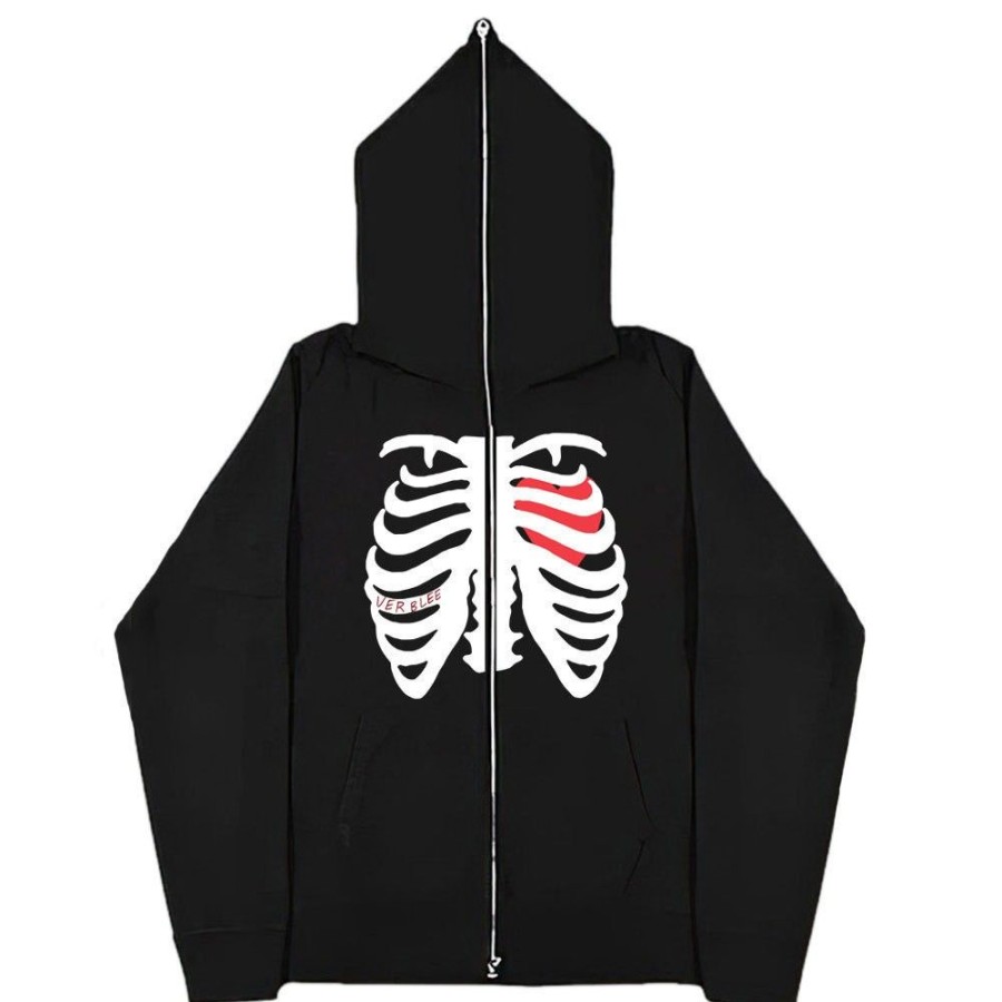 Men'S Favoshape | Unisex Streetwear My Beating Heart Skeleton Full Zip Up Hoodie Black