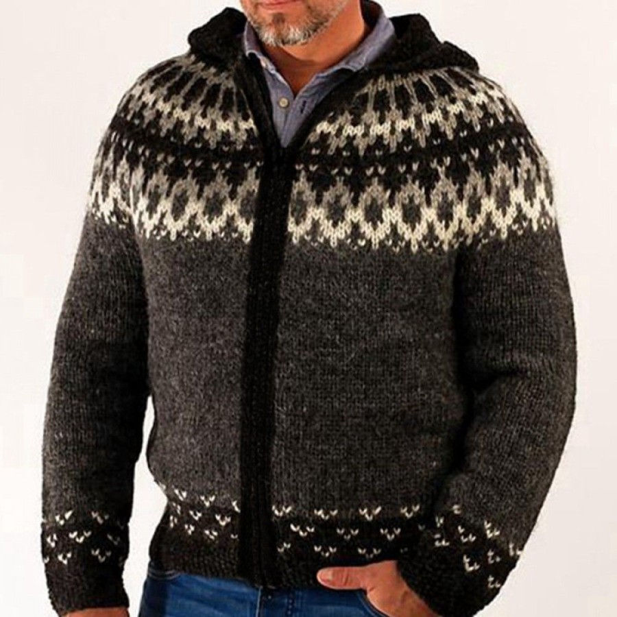 Men'S Favoshape | Men'S Icelandic Style Skipper Wool Hooded Cardigan Sweater Brown