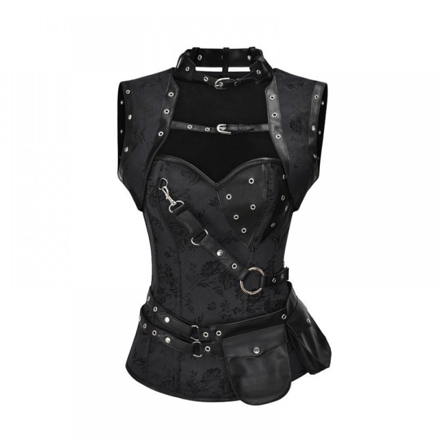 Corsets Favoshape | Women'S Steampunk Spiral Steel Boned Corset Tops Retro Overbust Bustier Black