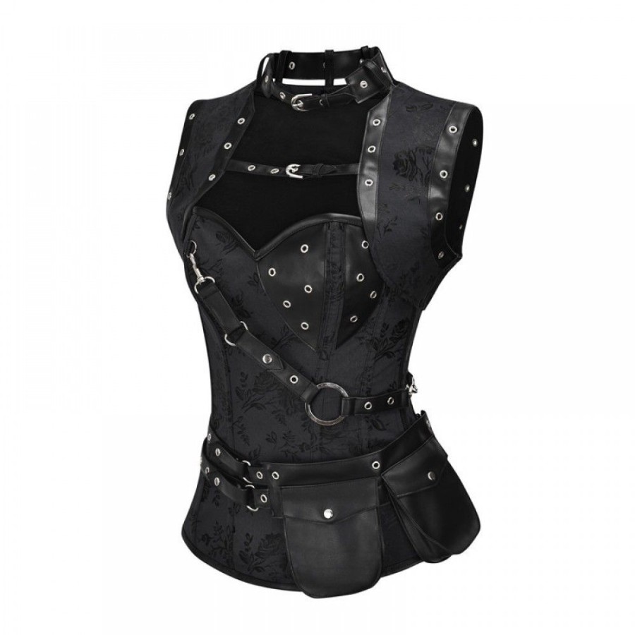 Corsets Favoshape | Women'S Steampunk Spiral Steel Boned Corset Tops Retro Overbust Bustier Black