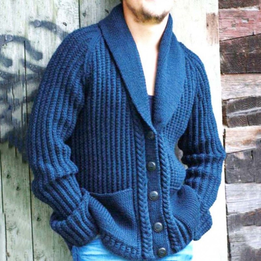 Men'S Favoshape | Men'S Vintage Needle Lapel Knitted Cardigan Sweater Blue