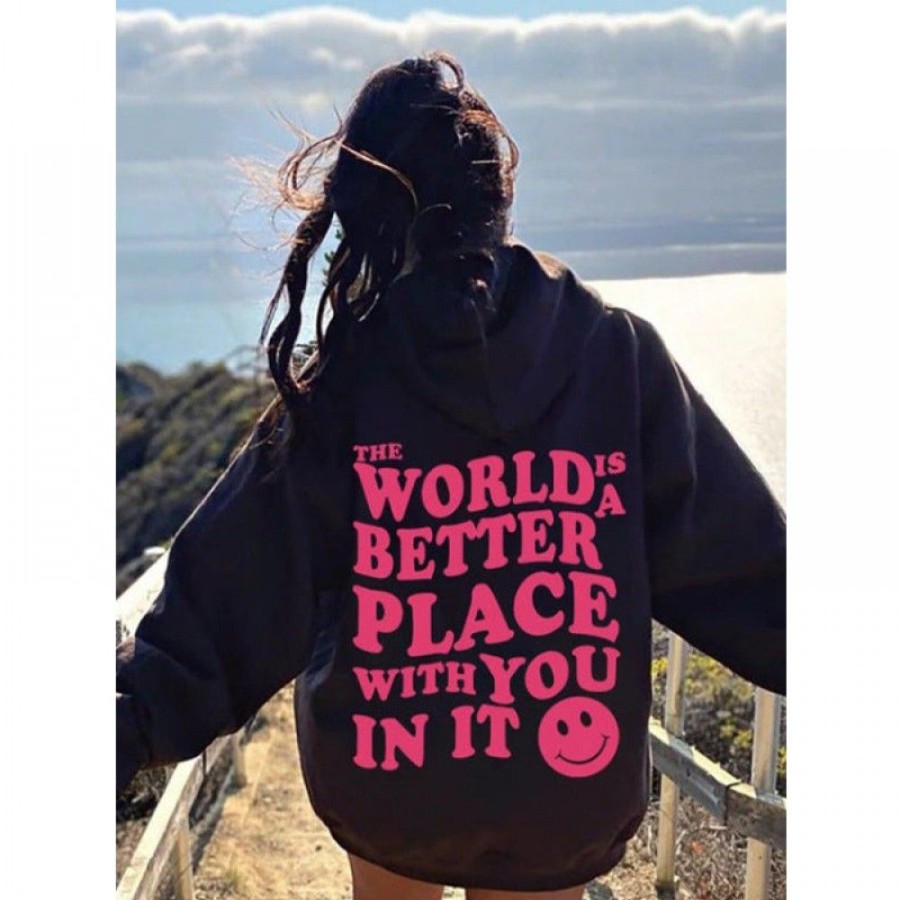 Women'S Favoshape | Women'S The World Is A Better Place With You In It Smiley Hoodie Black