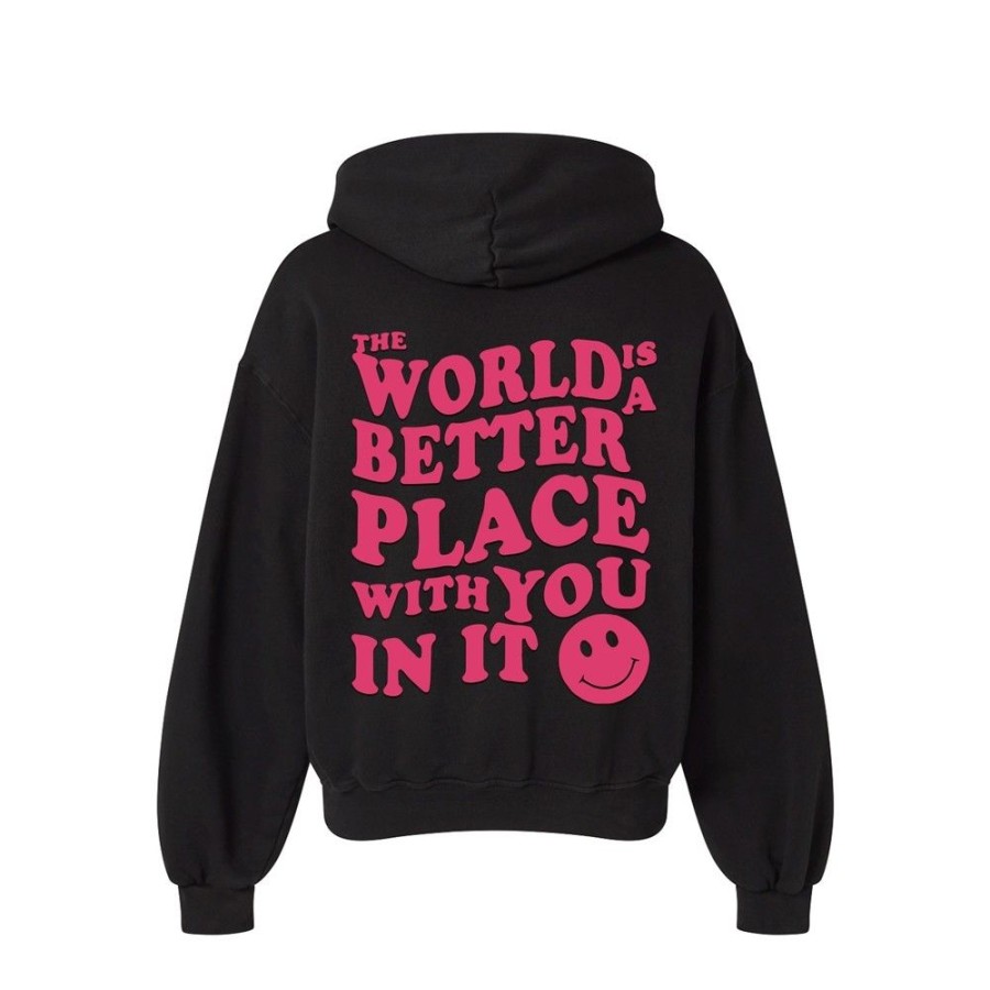 Women'S Favoshape | Women'S The World Is A Better Place With You In It Smiley Hoodie Black