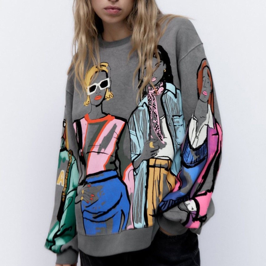 Women'S Favoshape | Distressed Fun Girls Day Graffiti Crewneck Sweatshirt Gray