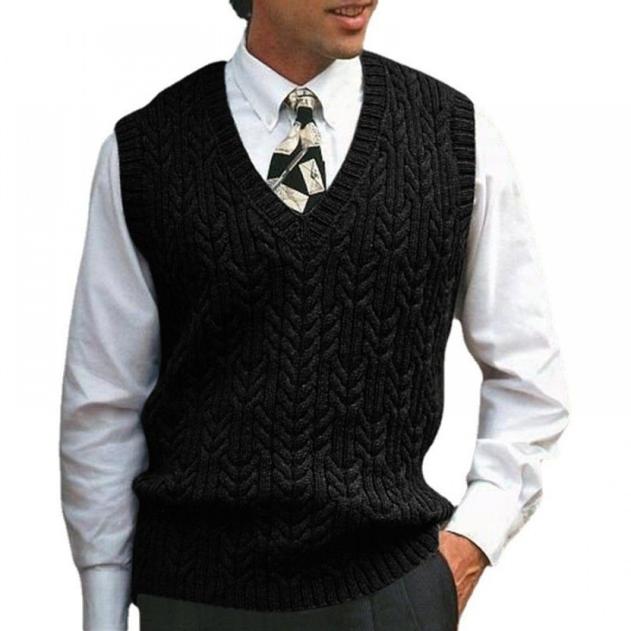 Men'S Favoshape | Men'S Vintage V Neck Cable Knitted Chunky Waistcoat Vest