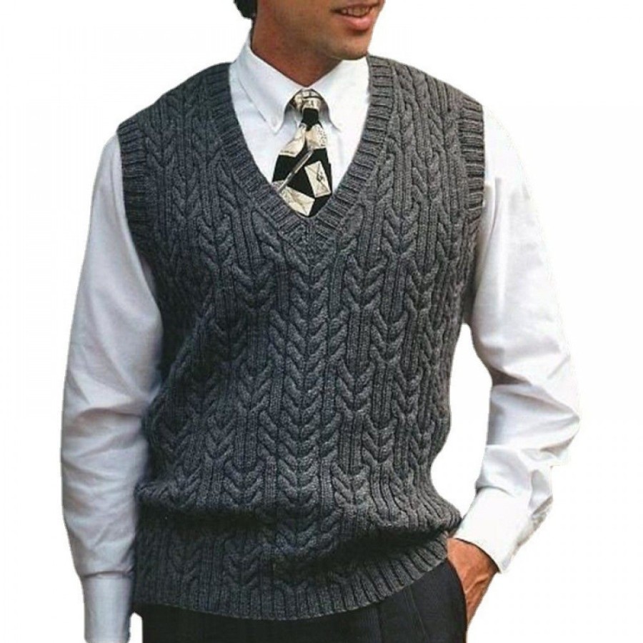 Men'S Favoshape | Men'S Vintage V Neck Cable Knitted Chunky Waistcoat Vest