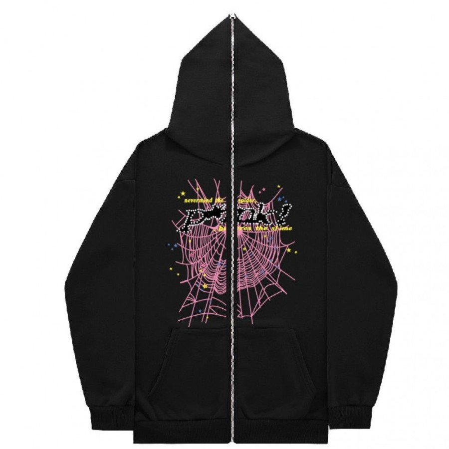 Men'S Favoshape | Unisex Pink Spider Web Printed Full Zip Hoodie Jacket Black