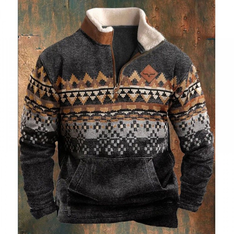 Men'S Favoshape | Men'S Western Cowboy Aztec Pattern Zipper Collar Sweatshirt Grey