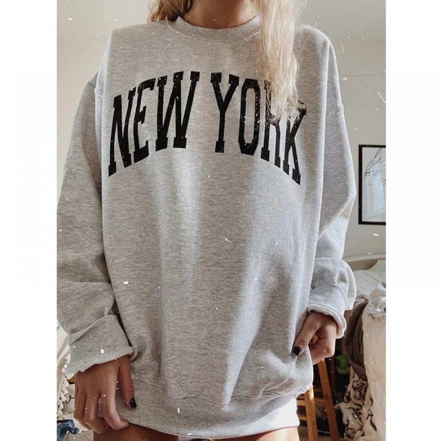 Women'S Favoshape | Women'S Oversized New York Printed Crewneck Sweatshirt Grey