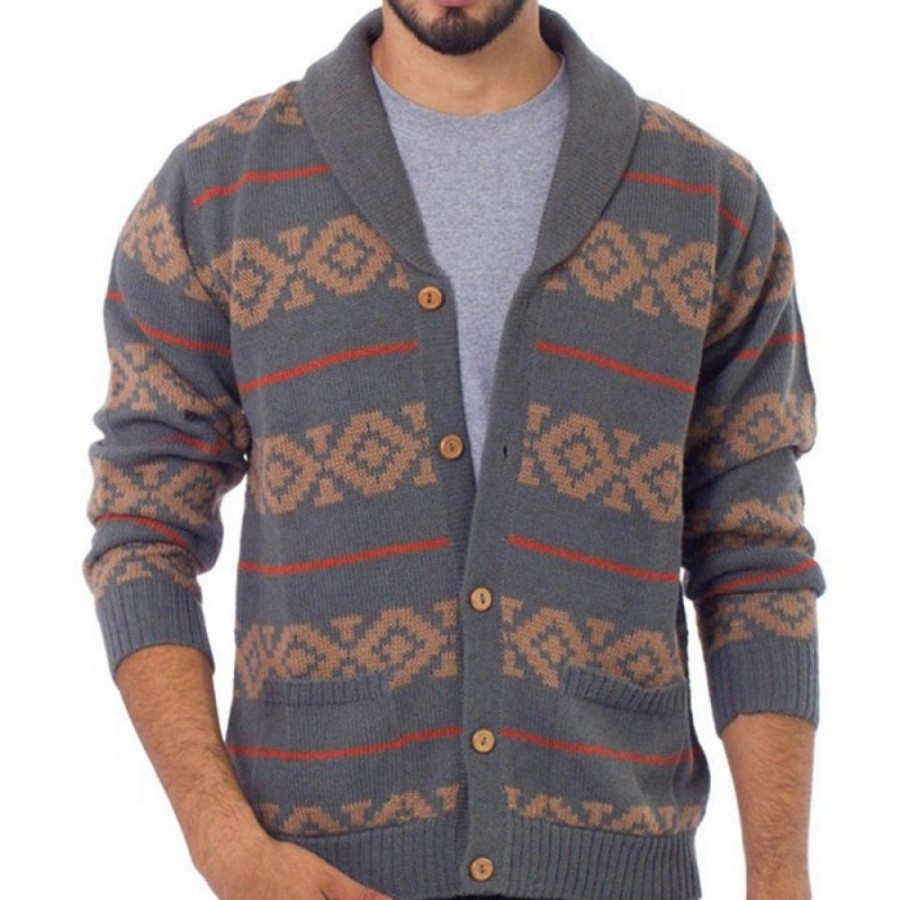 Men'S Favoshape | Men'S Western Aztec Ribbed Knit Lapel Cowichan Cardigan Gray