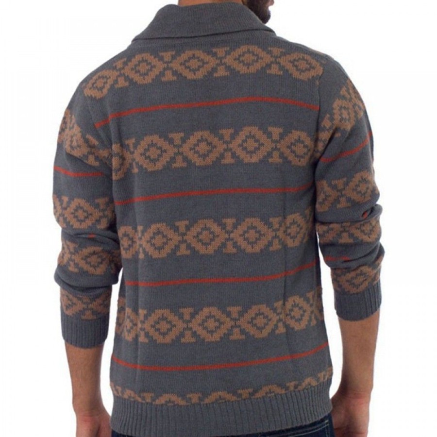 Men'S Favoshape | Men'S Western Aztec Ribbed Knit Lapel Cowichan Cardigan Gray