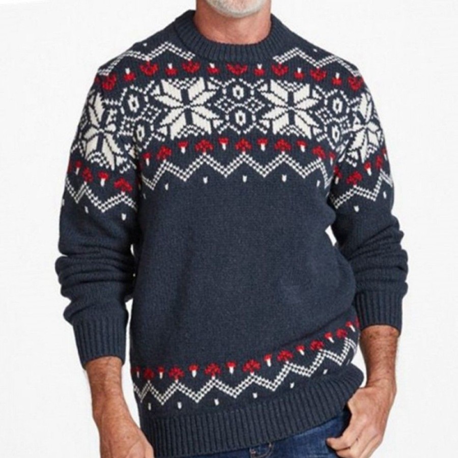 Men'S Favoshape | Men'S Vintage Round Neck Snowflake Pattern Pullover Sweater Navy