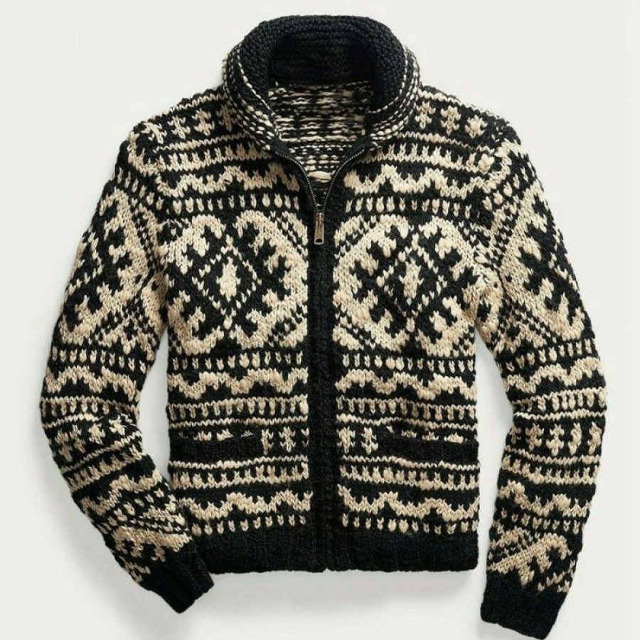 Men'S Favoshape | Men'S Jacquard Knitting Lapel Zip-Front Sweater Vintage Aztec Cardigan Black