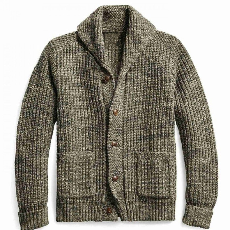 Men'S Favoshape | Men'S Hand-Knit Ranch Shawl Button-Up Cardigan Vintage Knitwear Green