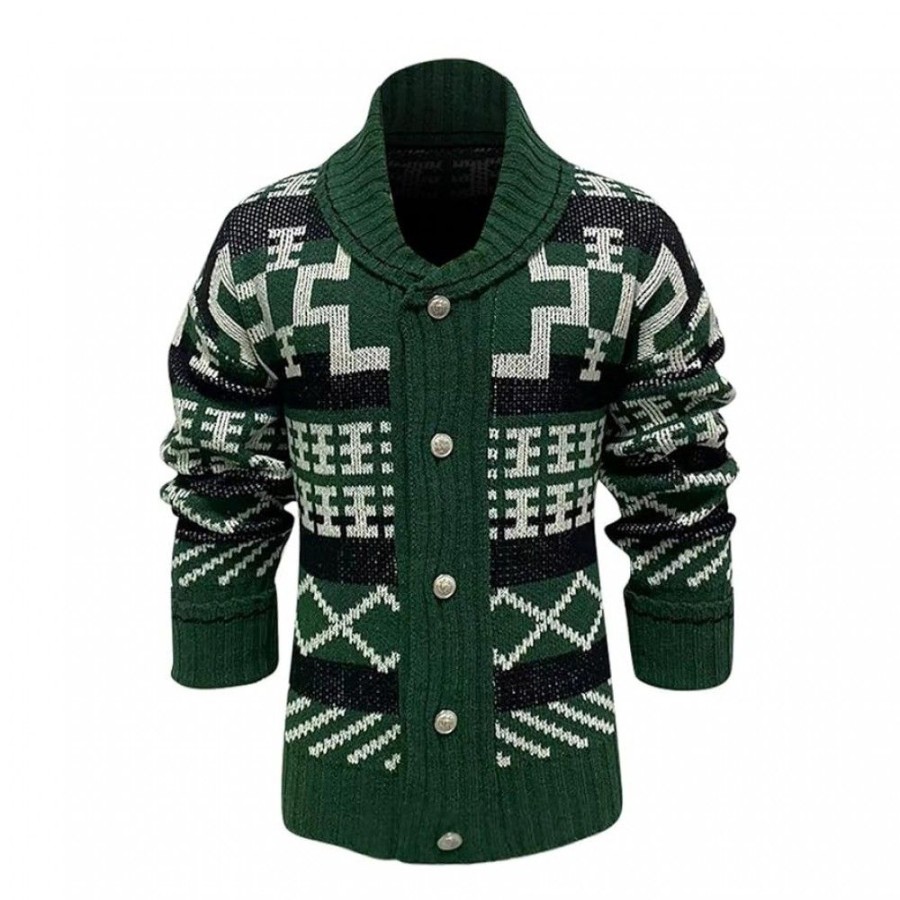 Men'S Favoshape | Men'S Button-Up Shawl Neck Knitted Cardigan Sweater Green