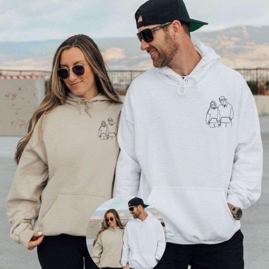 Custom Favoshape | Custom Outline Portrait Couple Hoodie Couple Line Art Photo Drawing Clothes