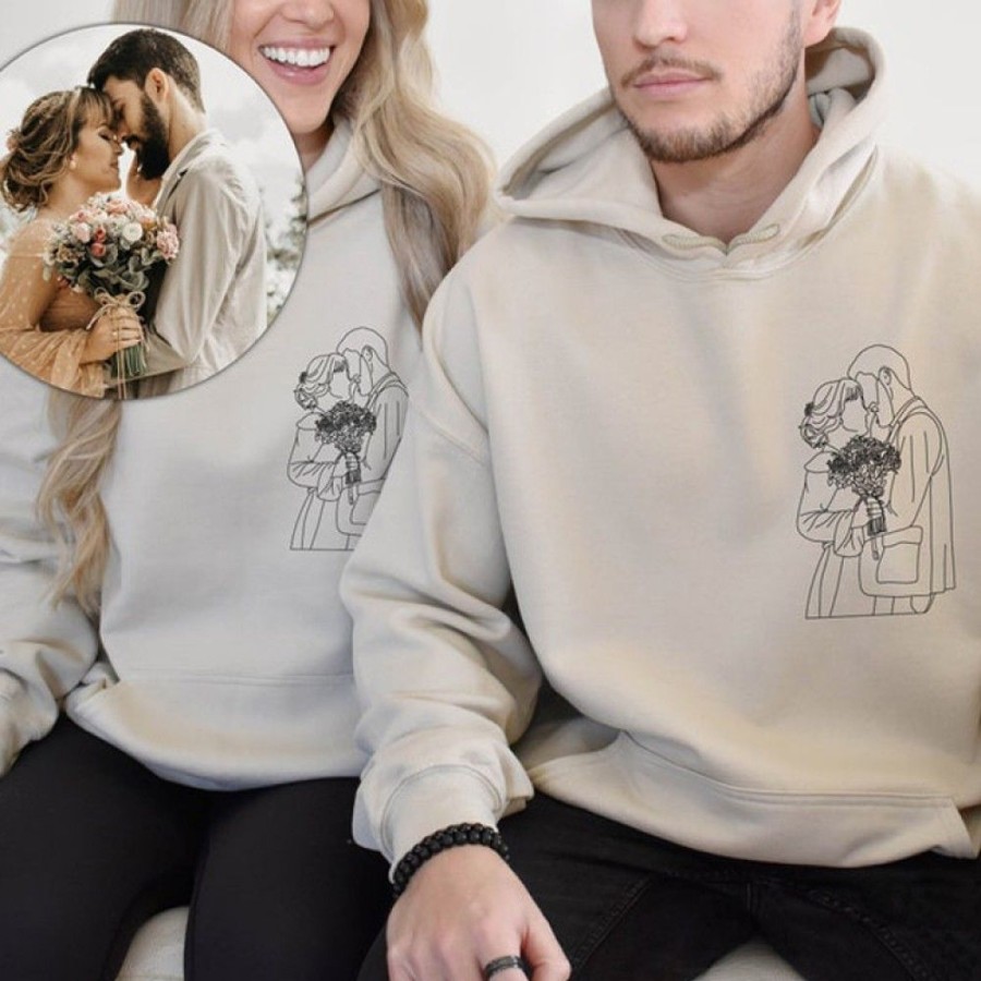 Custom Favoshape | Custom Outline Portrait Couple Hoodie Couple Line Art Photo Drawing Clothes