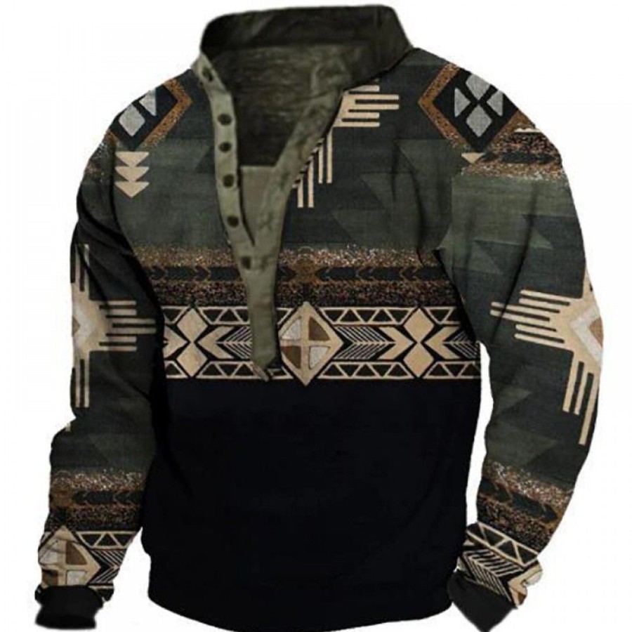 Men'S Favoshape | Men'S Casual Ethnic Print Henley Neck Pullover Shirt Black