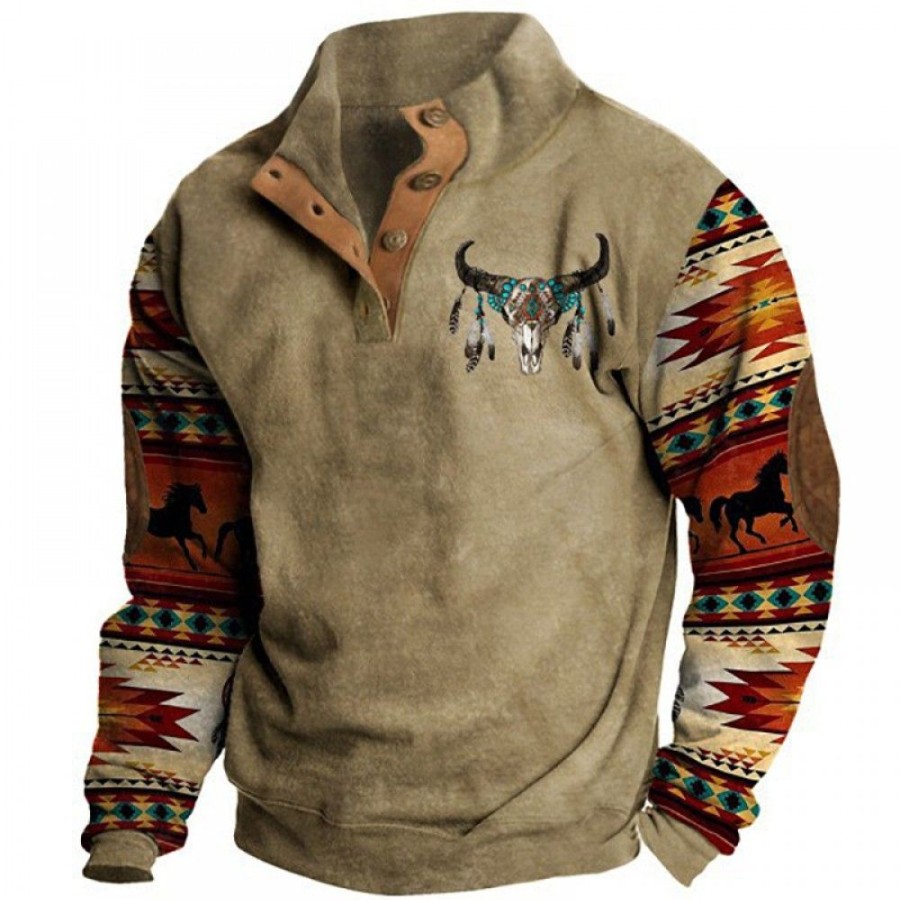 Men'S Favoshape | Men'S Ethnic Style Cowboy Button-Up Collar Sweatshirt