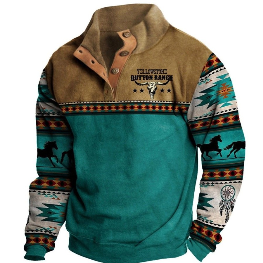 Men'S Favoshape | Men'S Ethnic Style Cowboy Button-Up Collar Sweatshirt