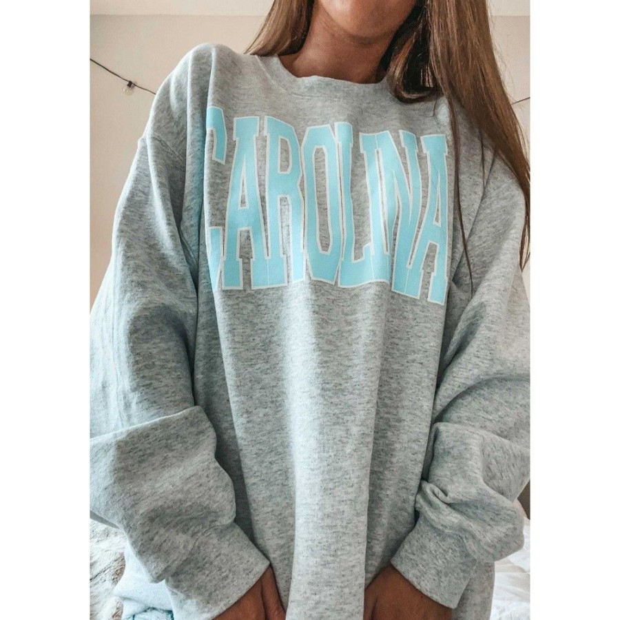 Women'S Favoshape | Women'S Chic Blue Carolina Crewneck Sweatshirt Gray