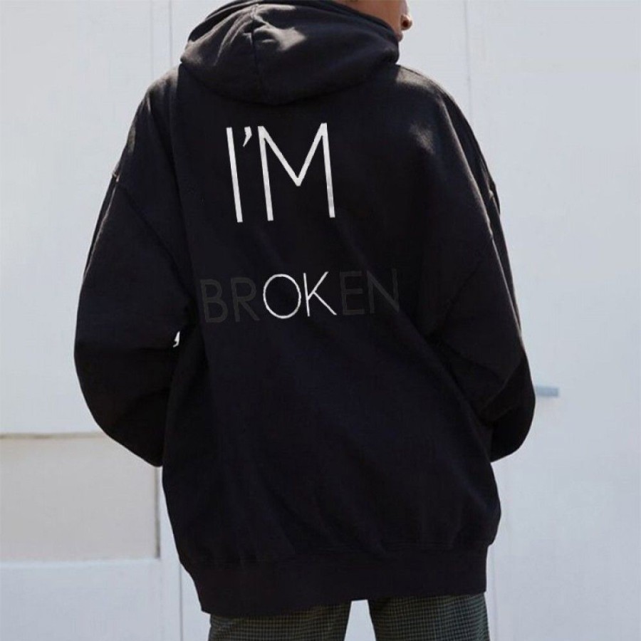 Women'S Favoshape | Casual I'M Ok I'M Broken Printed Drop Shoulder Hoodie Black