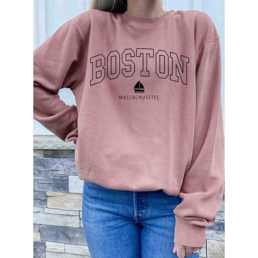 Women'S Favoshape | Women'S Casual Boston Massachusetts Crewneck Sweatshirt Pink