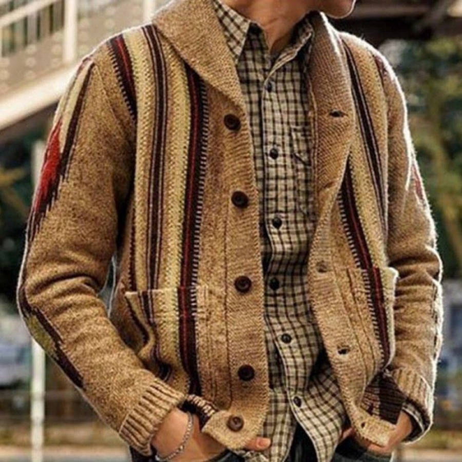 Men'S Favoshape | Men'S Western Cowboy Button-Up Knitwear Vintage Country Jacquard Lapel Cardigan Khaki