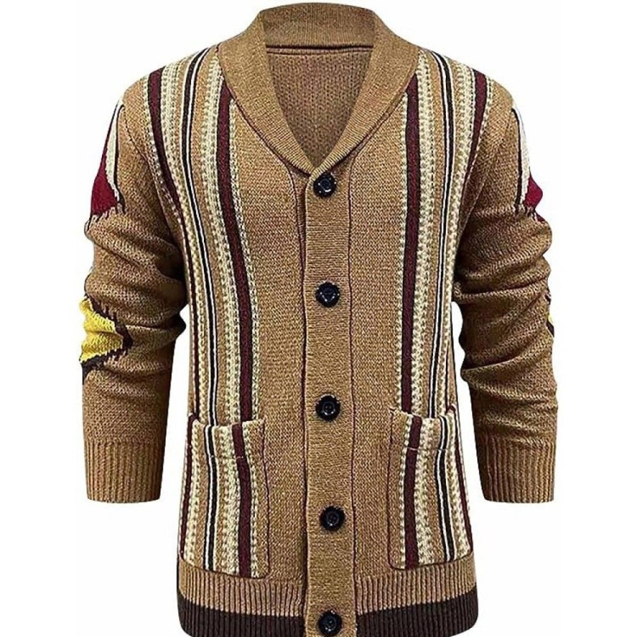 Men'S Favoshape | Men'S Western Cowboy Button-Up Knitwear Vintage Country Jacquard Lapel Cardigan Khaki