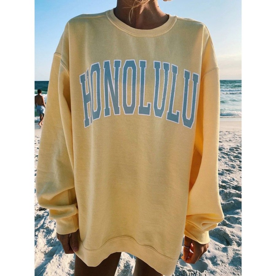 Women'S Favoshape | Women'S Preppy Honolulu Printed Crewneck Sweatshirt Yellow