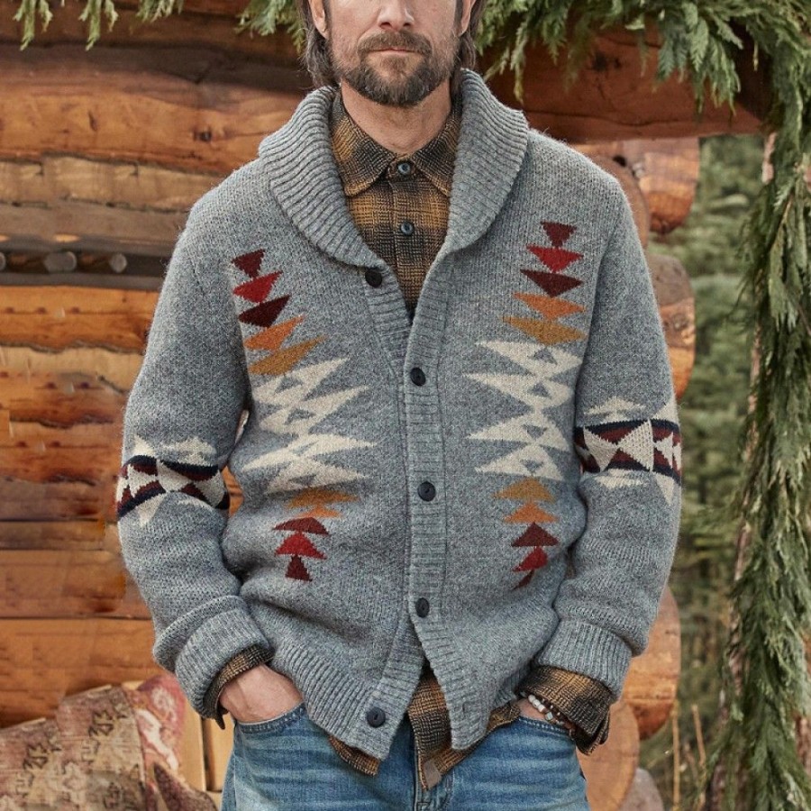 Men'S Favoshape | Men'S Tucson Shetland Button-Up Jacquad Wool Knit Cardigan Gray