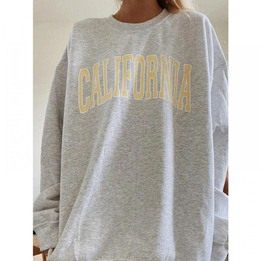 Women'S Favoshape | Women'S California Printed Oversized Crewneck Sweatshirt Grey