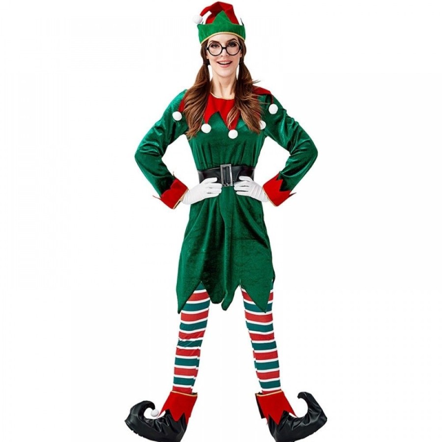 Ugly Sweater Favoshape | Women Elf Cosplay Costumes Christmas Santa'S Helper Dress Full Set Green