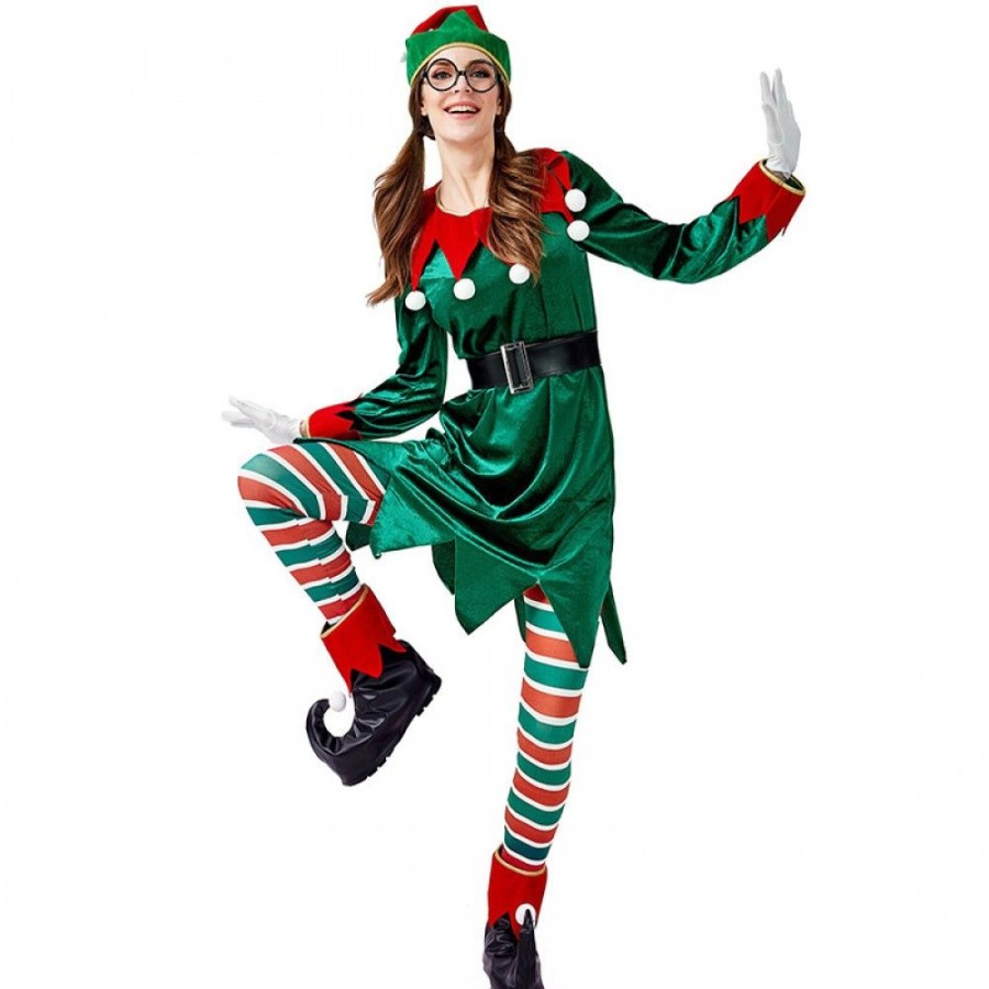 Ugly Sweater Favoshape | Women Elf Cosplay Costumes Christmas Santa'S Helper Dress Full Set Green