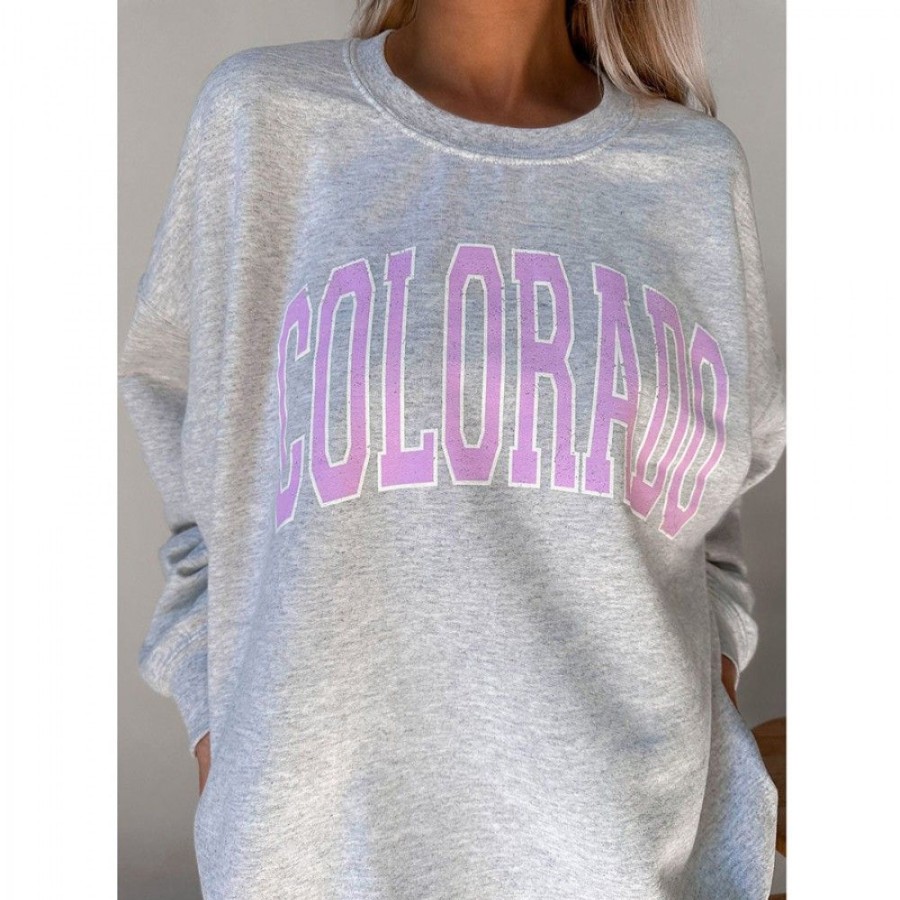 Women'S Favoshape | Women'S Oversized Colorado Printed Crewneck Sweatshirt Grey